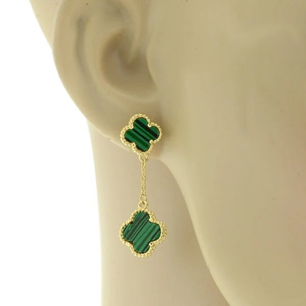 18ky gold plated over 925 sterling green shell clover push back drop Earrings